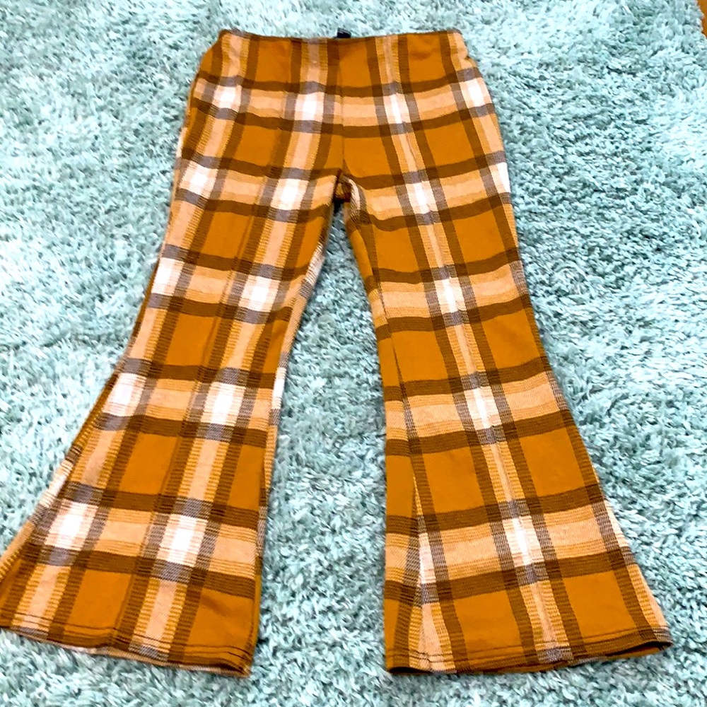Orange/goldish white plaid flare pants with stretchy waist